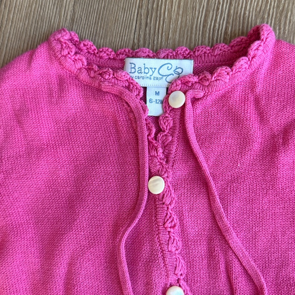 Baby CZ baby girl magenta pink cotton knit ruffle cardigan size 6-12m - Picture 3 of 5